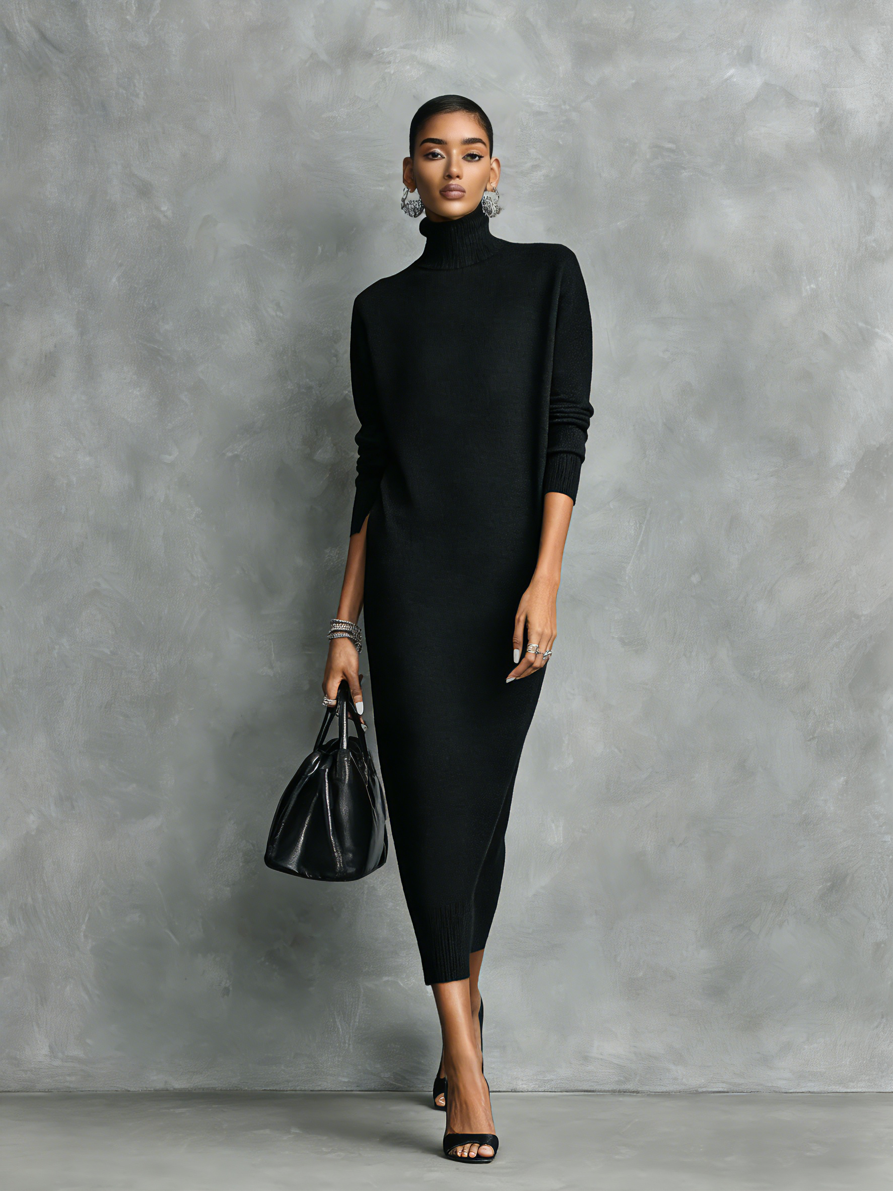 Tania - Elegante vestido  de punto negro con cuello alto y mangas largas, corte holgado, sin bolsillos