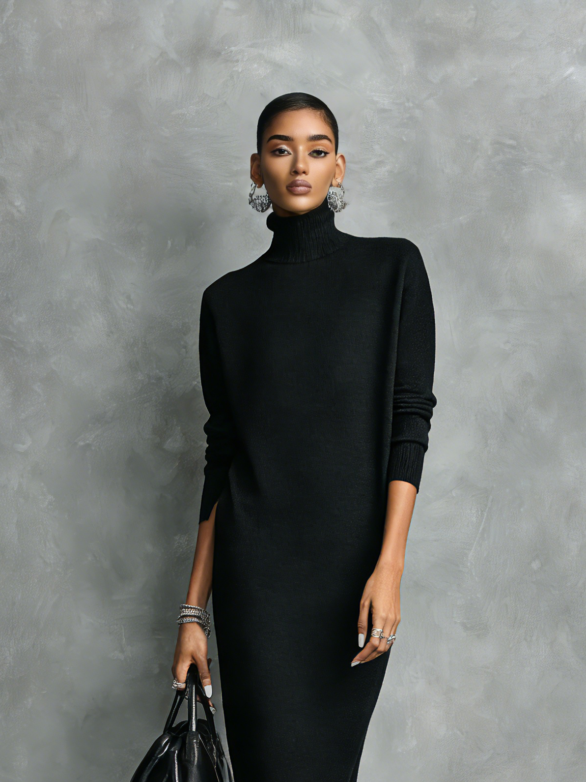 Tania - Elegante vestido  de punto negro con cuello alto y mangas largas, corte holgado, sin bolsillos