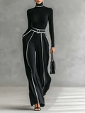 Selena - Conjunto de dos piezas para mujer con top de cuello alto, manga larga, pantalón ancho y cinturón