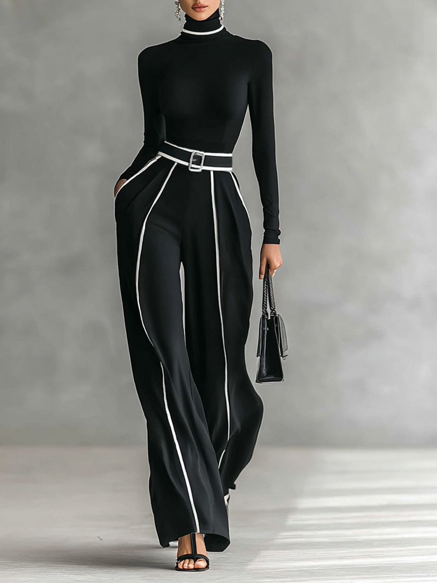 Selena - Conjunto de dos piezas para mujer con top de cuello alto, manga larga, pantalón ancho y cinturón