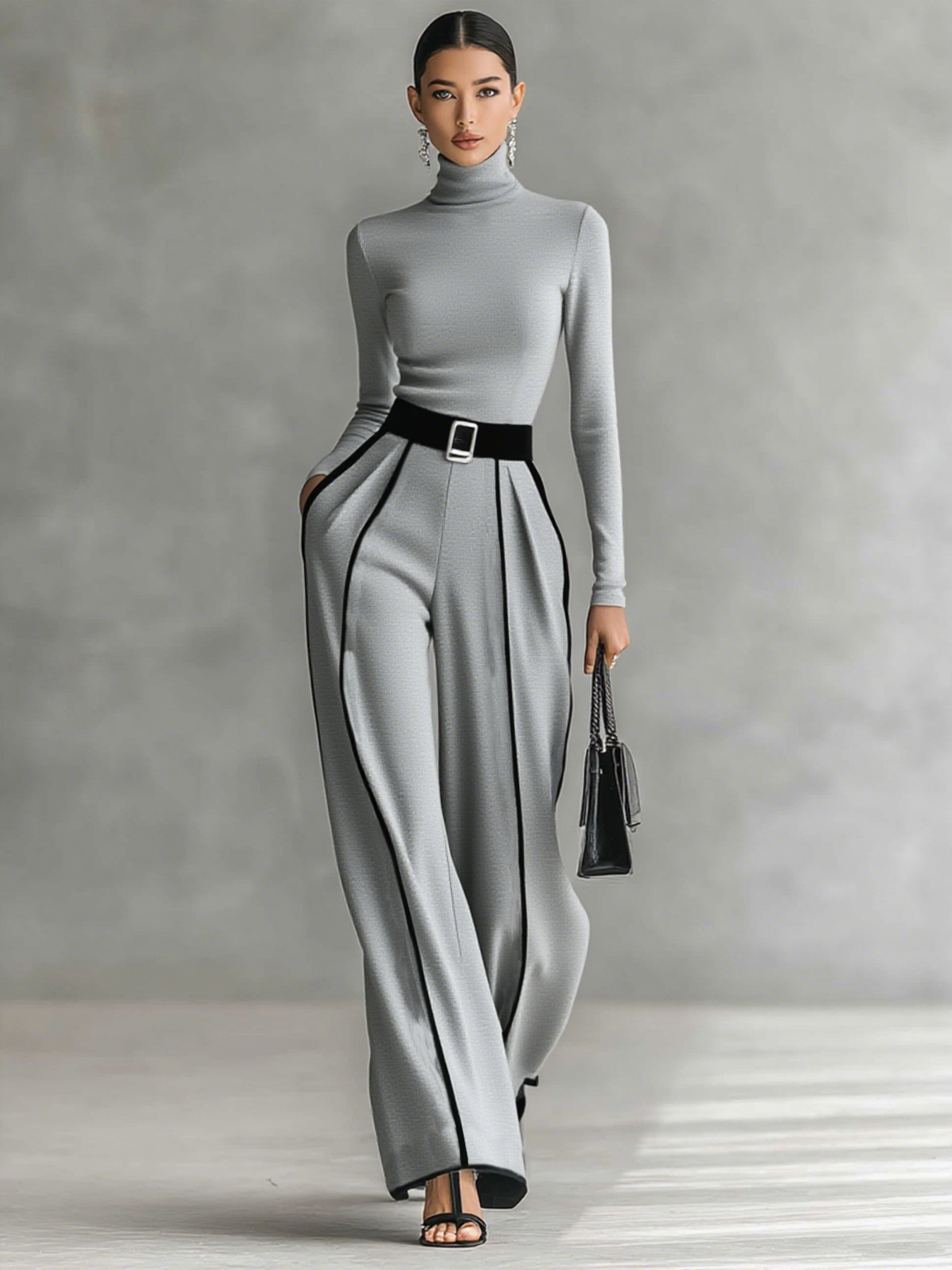Selena - Conjunto de dos piezas para mujer con top de cuello alto, manga larga, pantalón ancho y cinturón