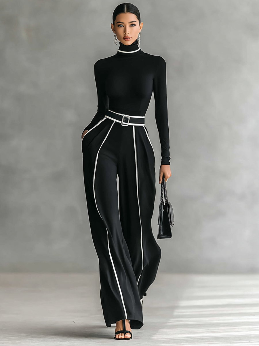Selena - Conjunto de dos piezas para mujer con top de cuello alto, manga larga, pantalón ancho y cinturón