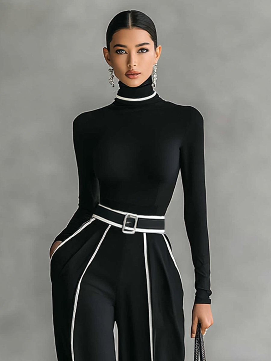 Selena - Conjunto de dos piezas para mujer con top de cuello alto, manga larga, pantalón ancho y cinturón