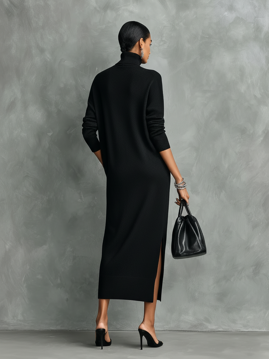 Tania - Elegante vestido  de punto negro con cuello alto y mangas largas, corte holgado, sin bolsillos