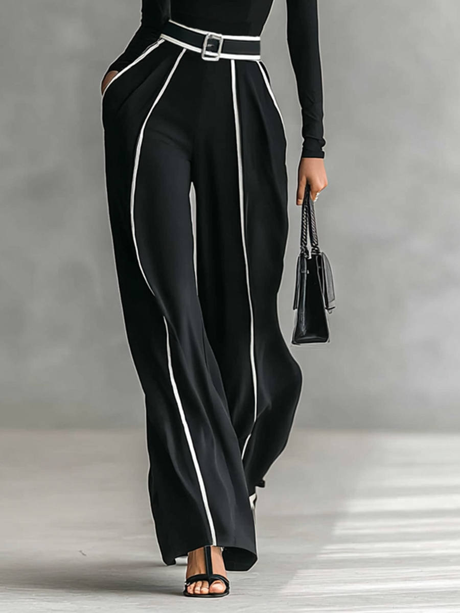 Selena - Conjunto de dos piezas para mujer con top de cuello alto, manga larga, pantalón ancho y cinturón