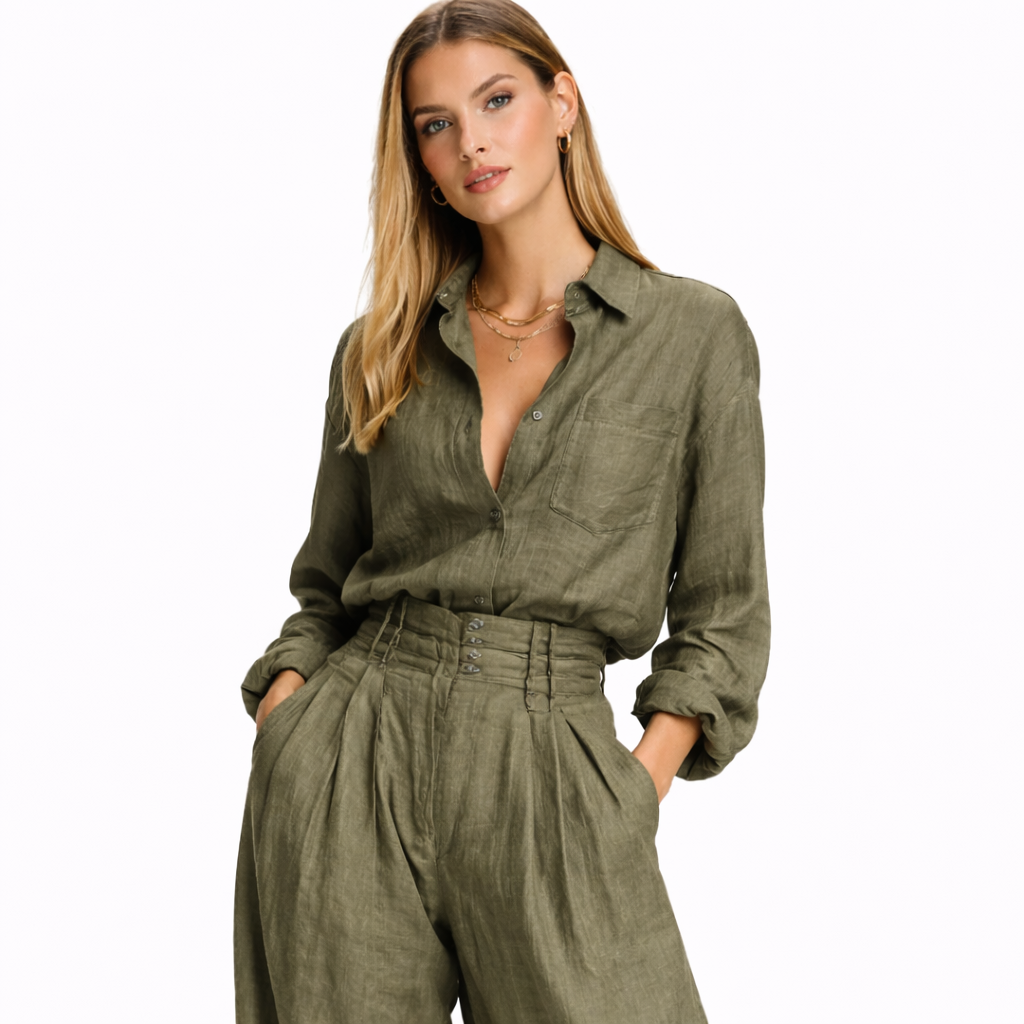 Conjunto de dos piezas para mujer de algodón y lino, compuesto por camisa de manga larga y pantalón de pierna ancha