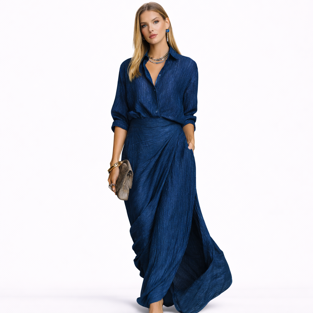Conjunto de falda larga y camisa elegante de algodón y lino azul marino