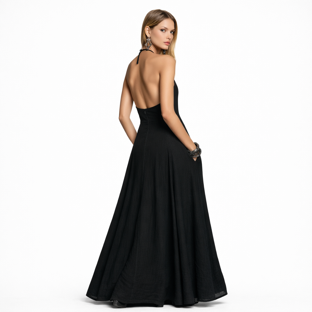 Vestido largo minimalista de mezcla de lino sin mangas para mujer