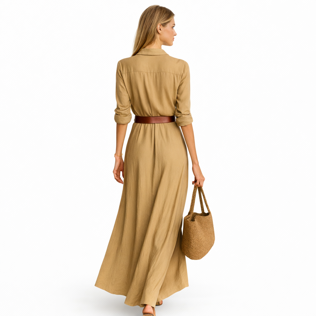 Abella - Vestido largo maxi con cuello y cinturón incluidos