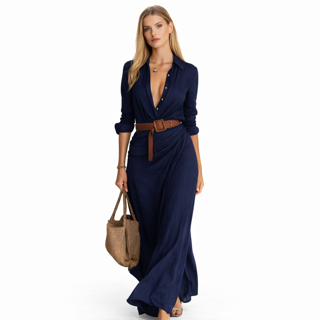 Abella - Vestido largo maxi con cuello y cinturón incluidos