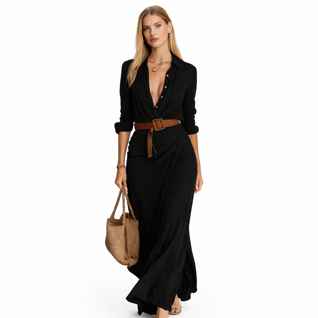 Abella - Vestido largo maxi con cuello y cinturón incluidos