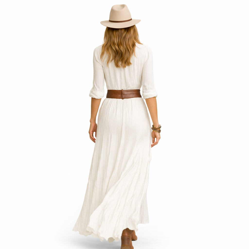 Lisa - Vestido largo maxi para mujer en imitación de algodón y lino con cuello reversible