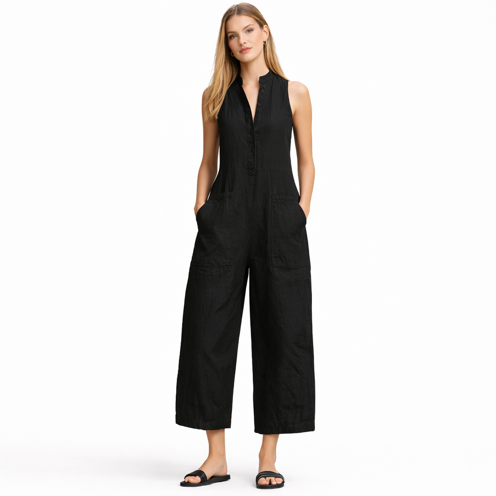 Ana - Mono minimalista de mezcla de lino sin mangas con cuello alto