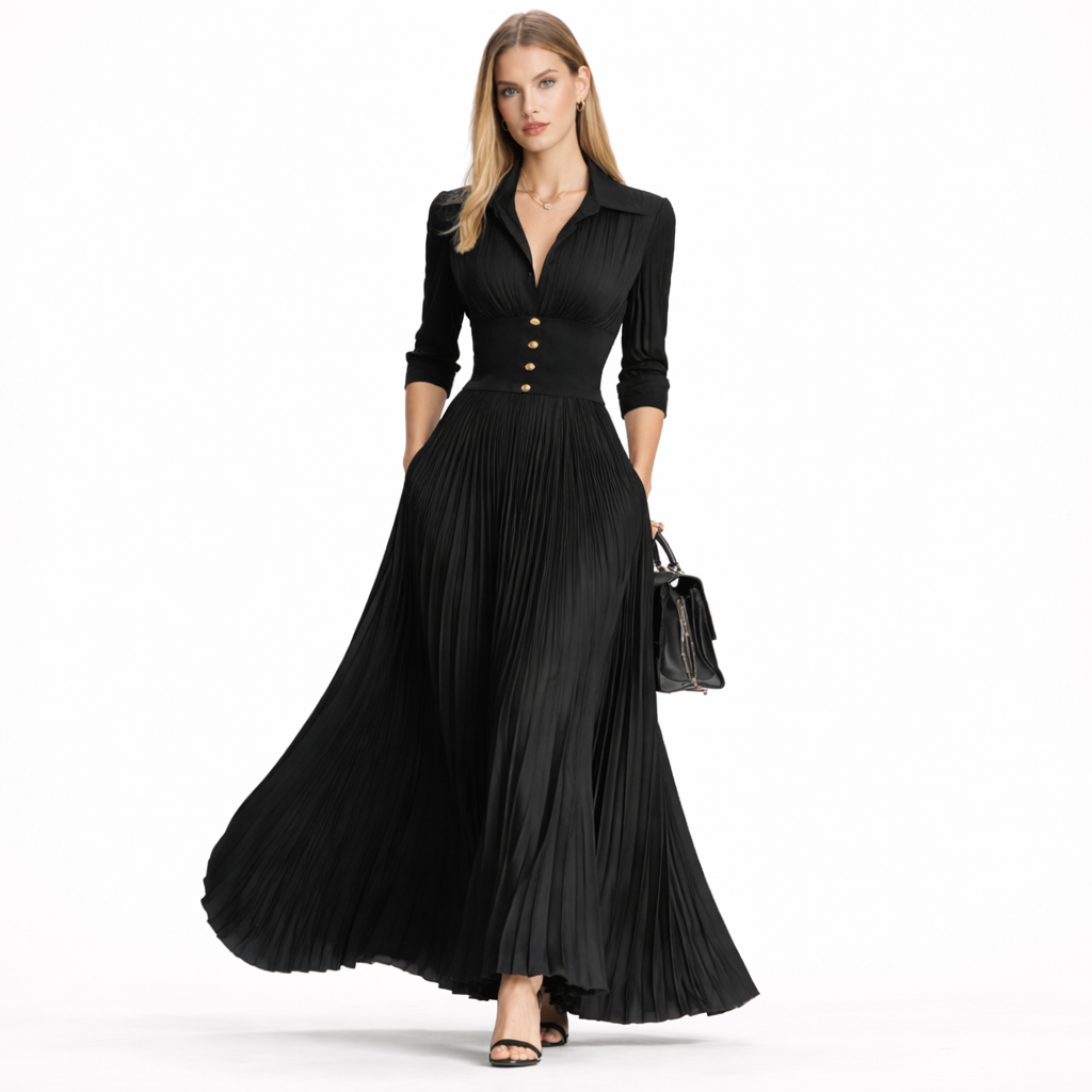 Vestido largo con mangas largas, cuello reverso y pliegues