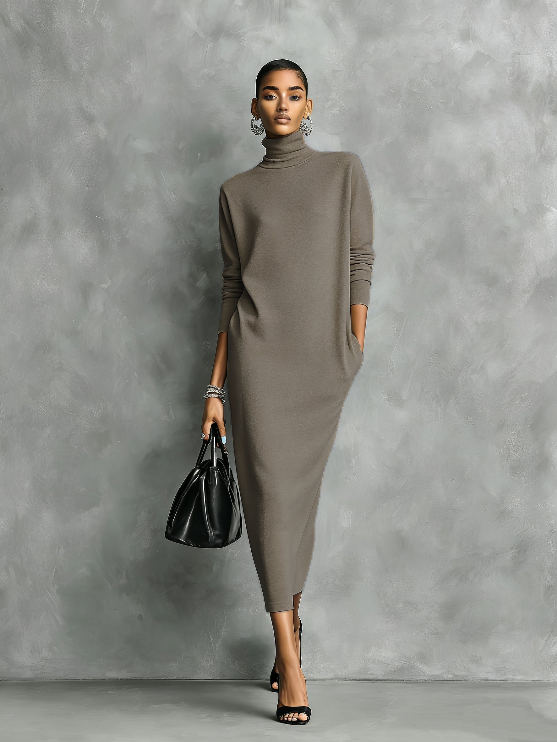 Tania - Elegante vestido  de punto negro con cuello alto y mangas largas, corte holgado, sin bolsillos