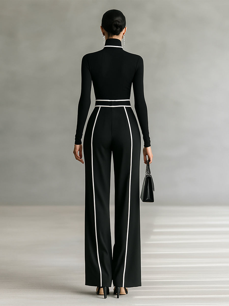Selena - Conjunto de dos piezas para mujer con top de cuello alto, manga larga, pantalón ancho y cinturón