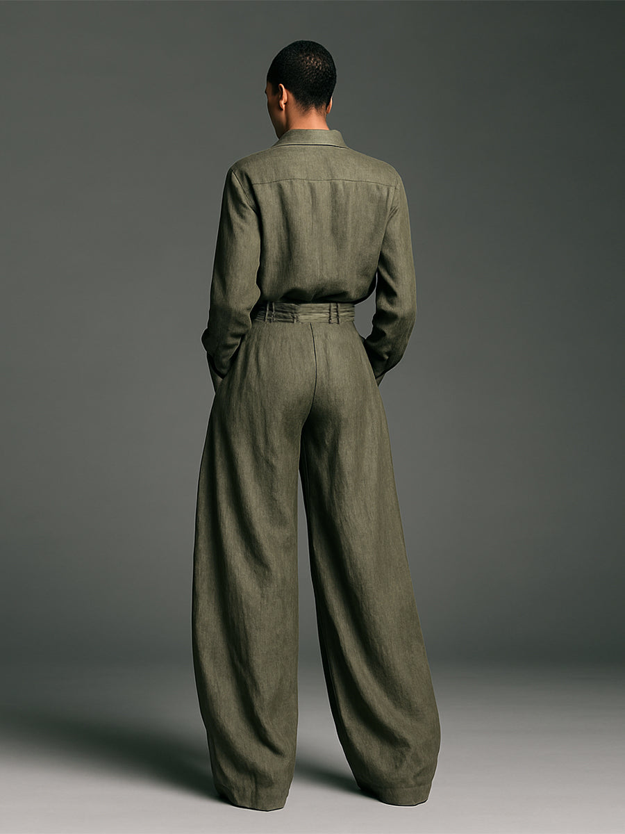 Conjunto de dos piezas para mujer de algodón y lino, compuesto por camisa de manga larga y pantalón de pierna ancha
