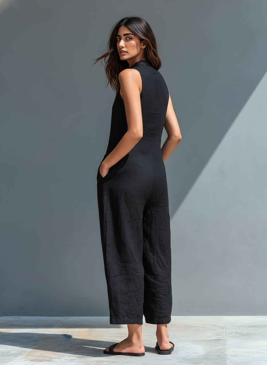 Ana - Mono minimalista de mezcla de lino sin mangas con cuello alto