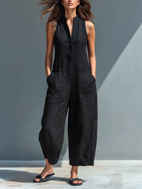 Ana - Mono minimalista de mezcla de lino sin mangas con cuello alto