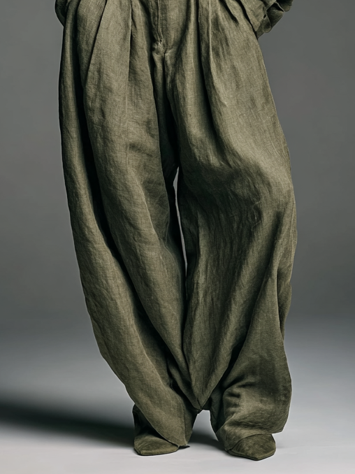 Conjunto de dos piezas para mujer de algodón y lino, compuesto por camisa de manga larga y pantalón de pierna ancha