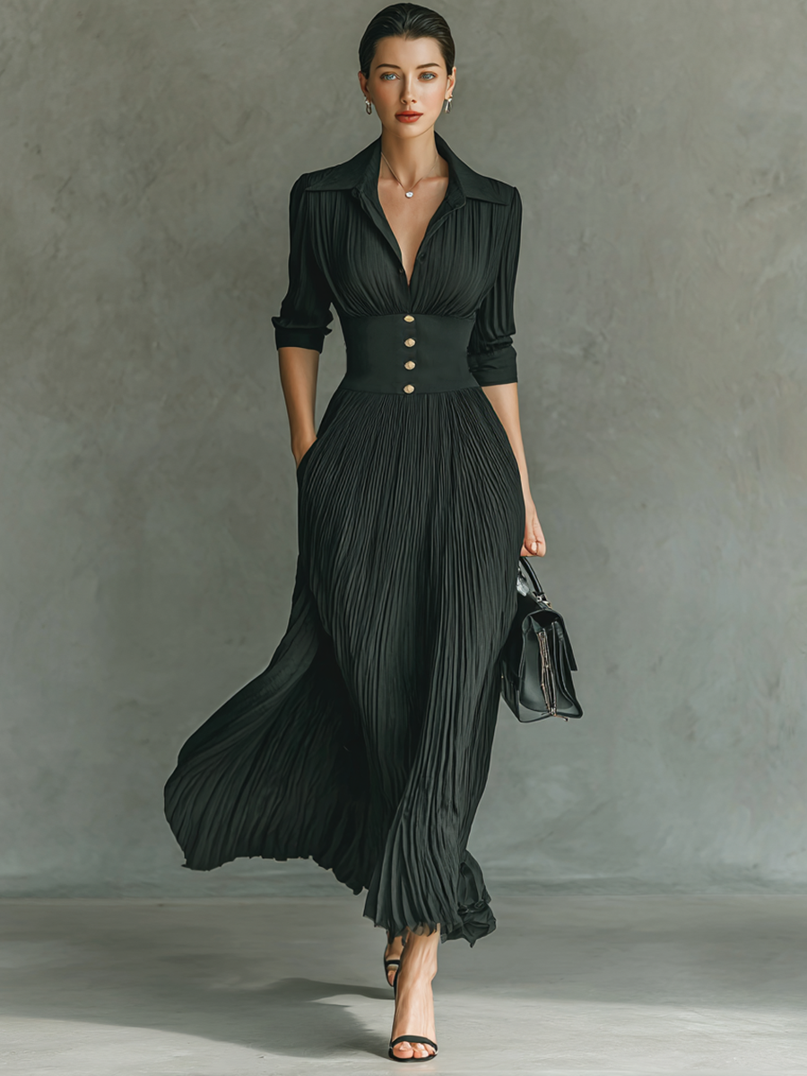 Vestido largo con mangas largas, cuello reverso y pliegues