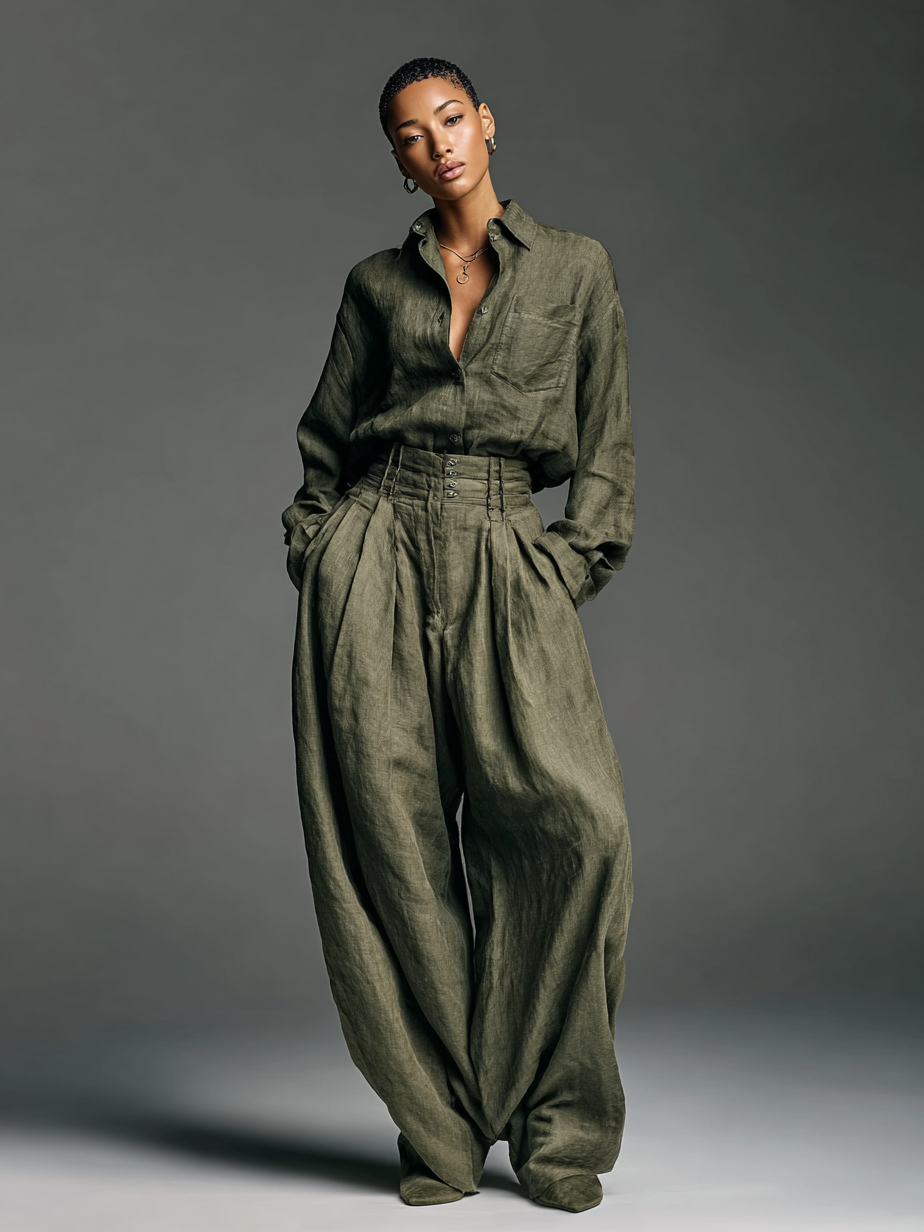 Conjunto de dos piezas para mujer de algodón y lino, compuesto por camisa de manga larga y pantalón de pierna ancha